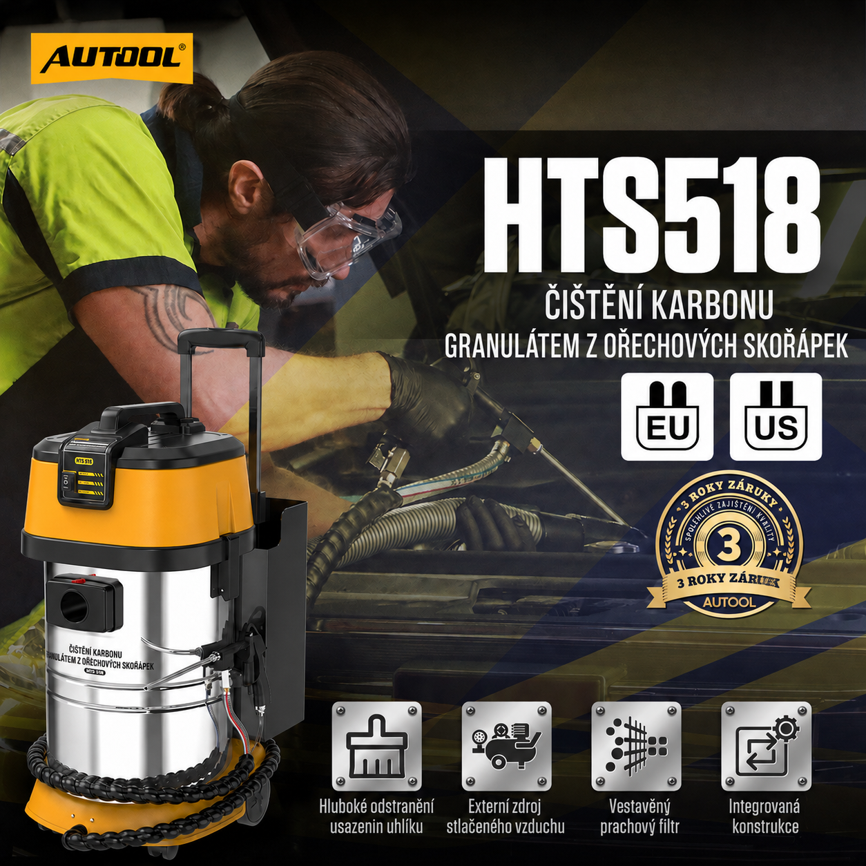 Pískovač AUTOOL HTS518 pro odstraňování karbonových usazenin z granulí skořápek ořechů