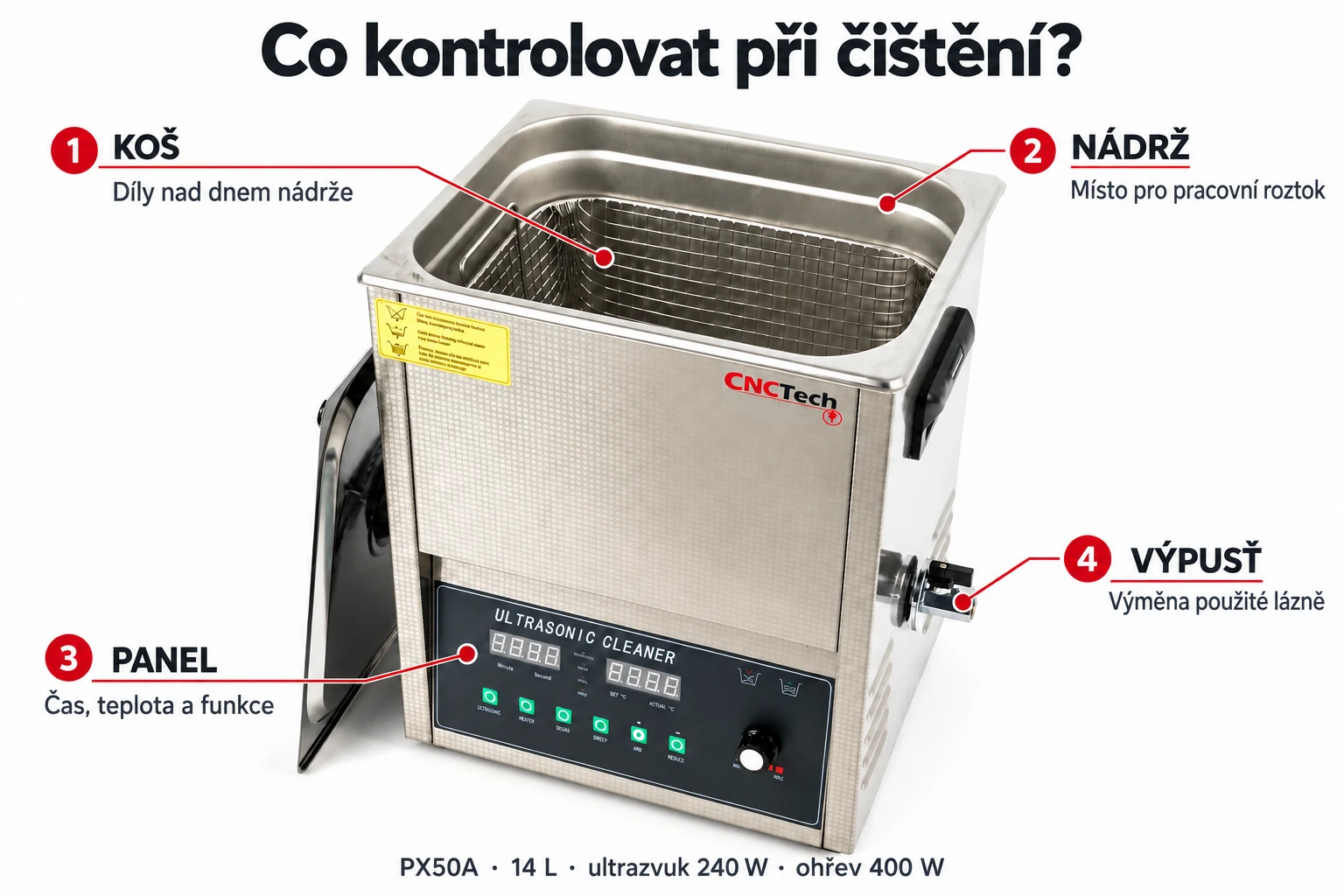 Čistička PX50A: koš, nádrž, panel a výpusť