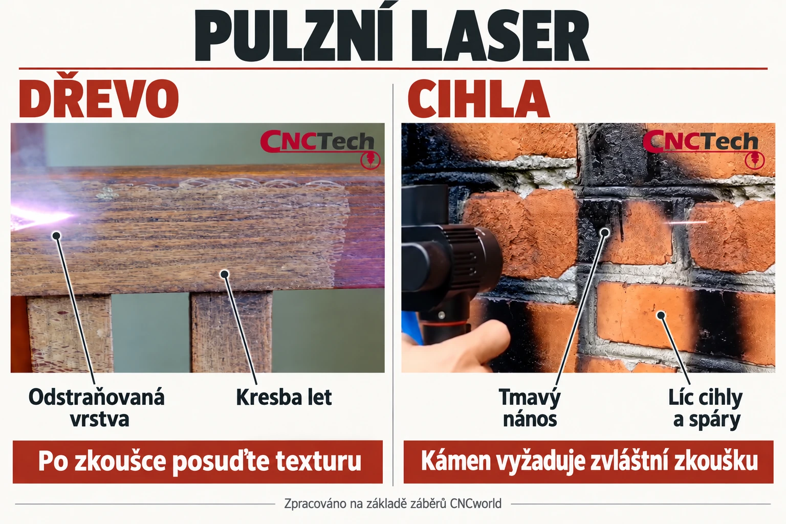 Pulzní laser: dřevo a cihla — odstraňovaná vrstva, kresba vláken i líc cihel a spáry