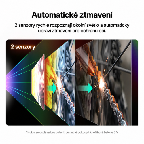 Automatické ztmavení se 2 senzory; baterie 3 V nejsou součástí balení Automatické ztmavení se 2 senzory; baterie 3 V nejsou součástí balení