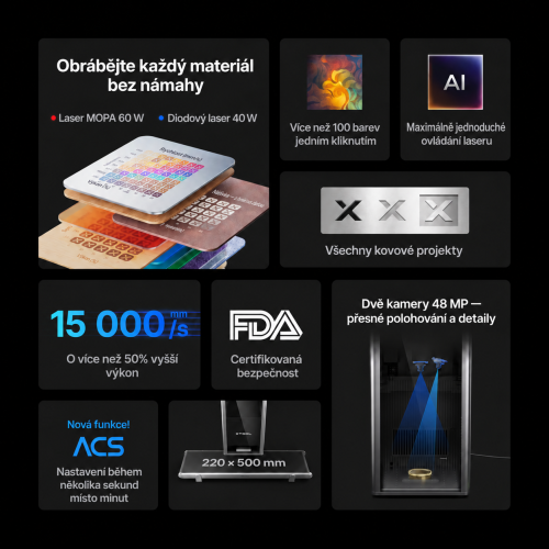 xTool F2 Ultra — dvoulaserová gravírka MOPA 60 W + diodový laser 40 W