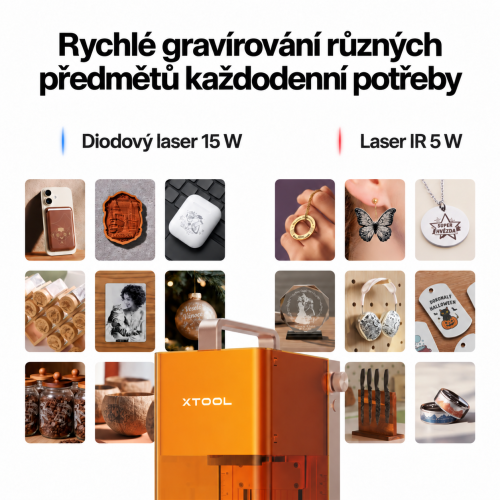 xTool F2 — přenosná dvoulaserová gravírka IR 5 W + diodový laser 15 W xTool F2 — přenosná dvoulaserová gravírka IR 5 W + diodový laser 15 W