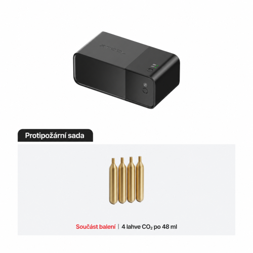 Fire Safety Set V1.5: řídicí jednotka, čtyři lahve CO₂ po 48 ml, hadice, adaptér a návod