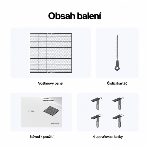 Obsah sady voštinového panelu P3: jeden panel, čtyři kolíky, kartáč a návod Obsah sady voštinového panelu P3: jeden panel, čtyři kolíky, kartáč a návod
