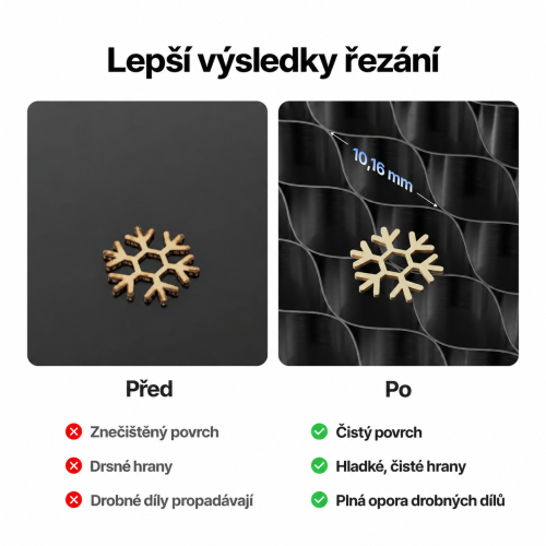 Voštinový panel P3 — srovnání kvality řezu a podpěra drobných dílů, rozteč 10,16 mm Voštinový panel P3 — srovnání kvality řezu a podpěra drobných dílů, rozteč 10,16 mm
