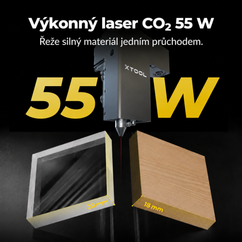 Laser CO2 55 W — řezání akrylu 20 mm a dřeva 18 mm