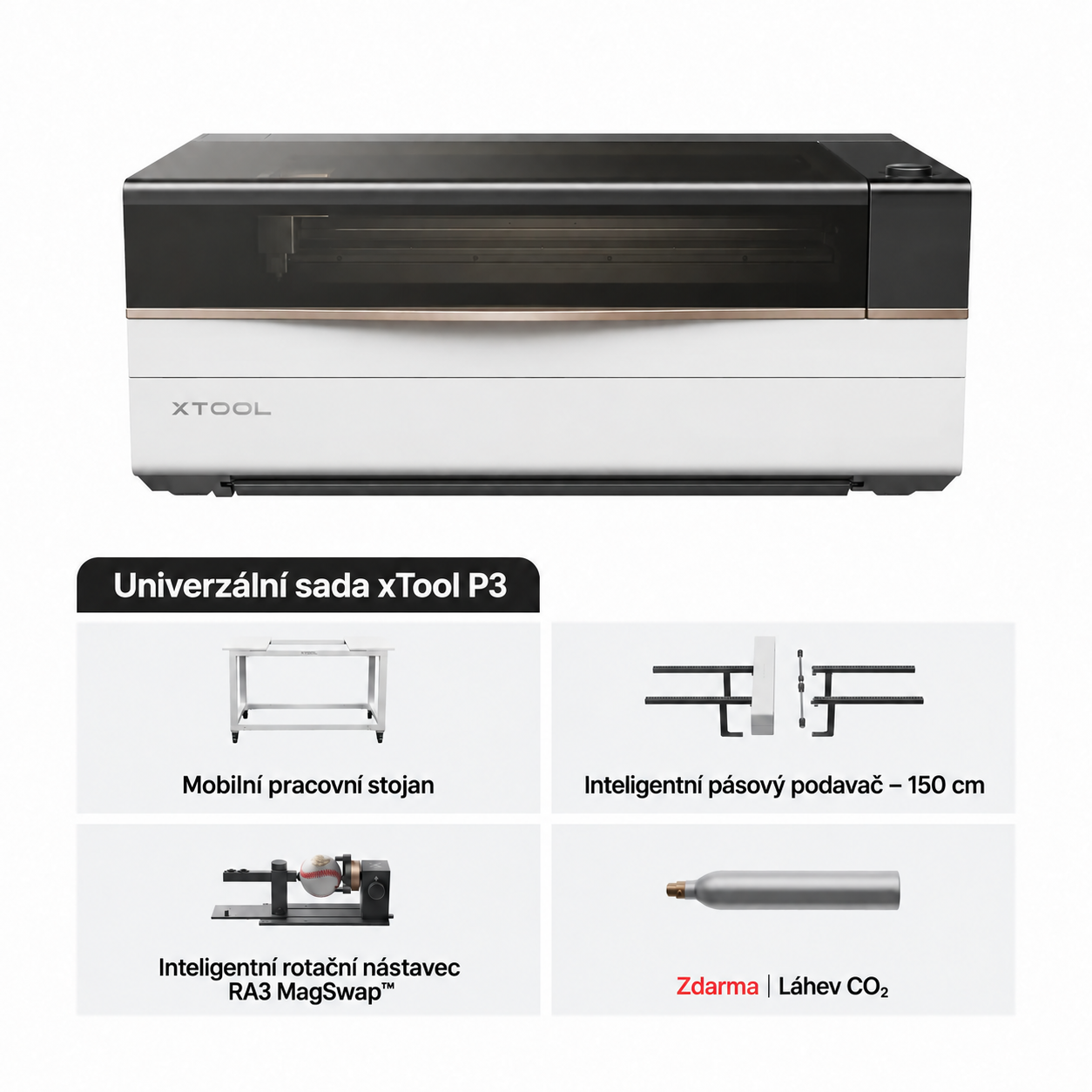 Univerzální sada xTool P3: stojan, podavač 150 cm, RA3 a lahev CO₂